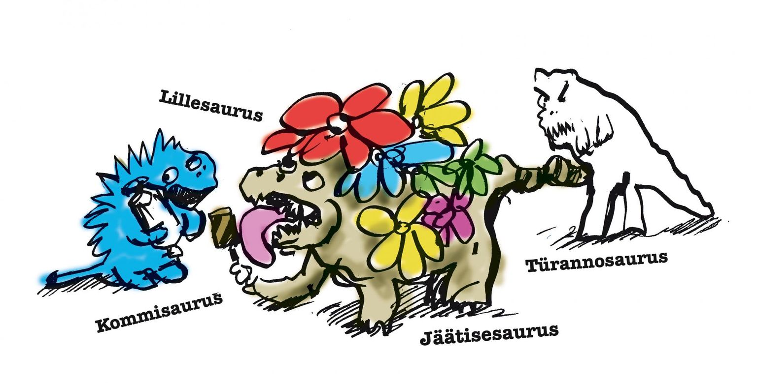Kommi-, kassi-, ja jäätisesaurus. Eemalt põrnitseb kadedusest lubjastunud türannosaurus!