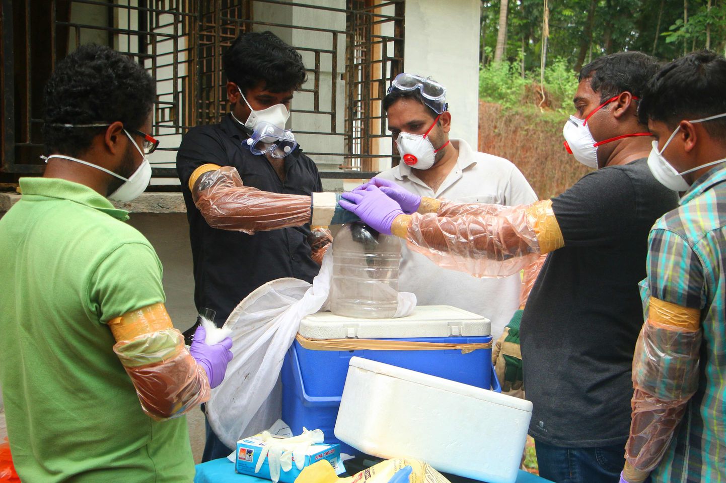 India Kerala ametiisikud panevad konteinerisse kaevust püütud nahkhiire, kes võib kanda inimesele ohtlikku Nipah viirust.