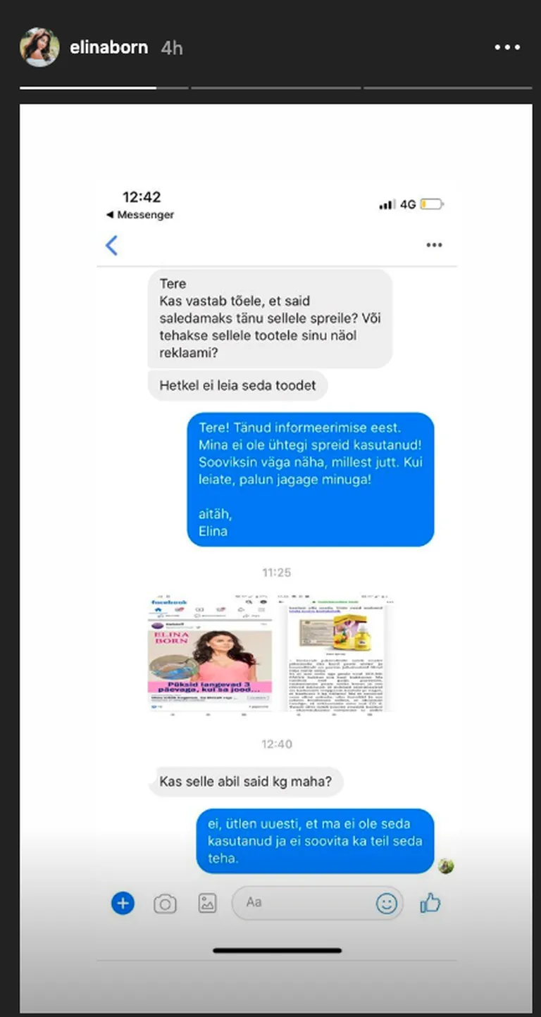 Kuvatõmmis Elina Borni Instagram Story'st.
