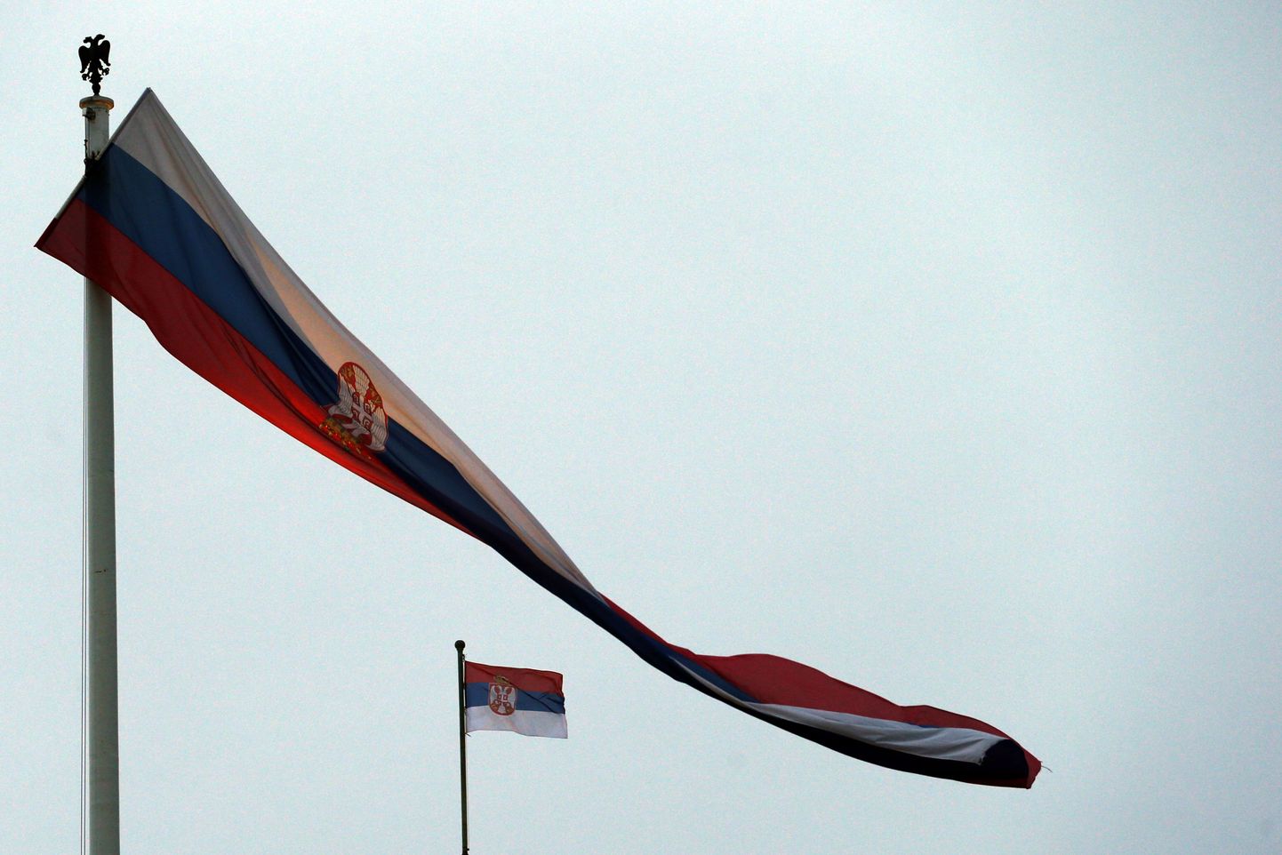 Serbian flags wave in front of the Serbian Parliament building in Belgrade, Serbia, Friday, Dec. 26, 2014. Serbia will be next chairmanship of the Organization for Security and Cooperation in Europe (OSCE) in 2015. (AP Photo/Darko Vojinovic)