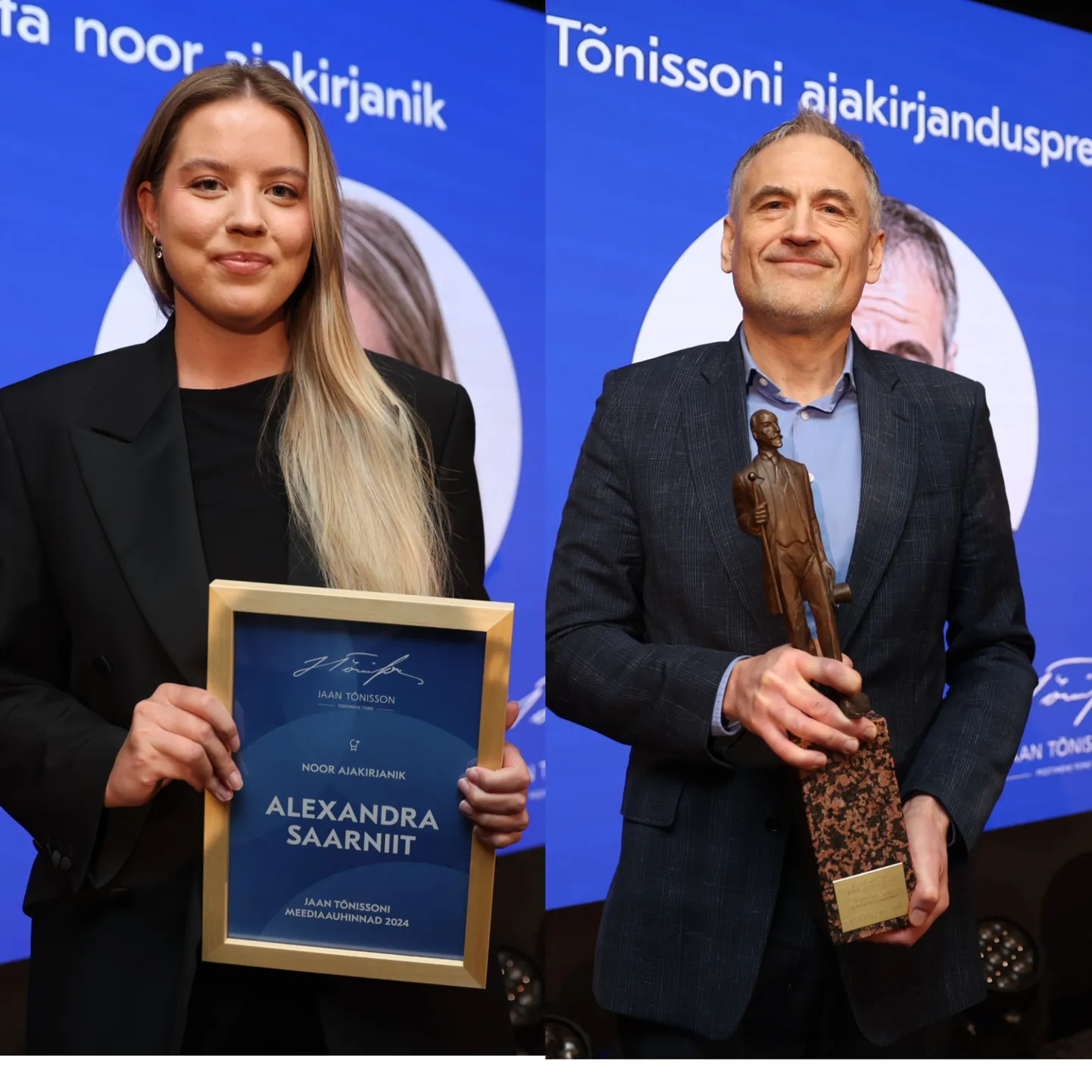 Aasta noor ajakirjanik Alexandra Saarniit ja Jaan Tõnissoni ajakirjanduspreemia laureaat Ago Raudsep.