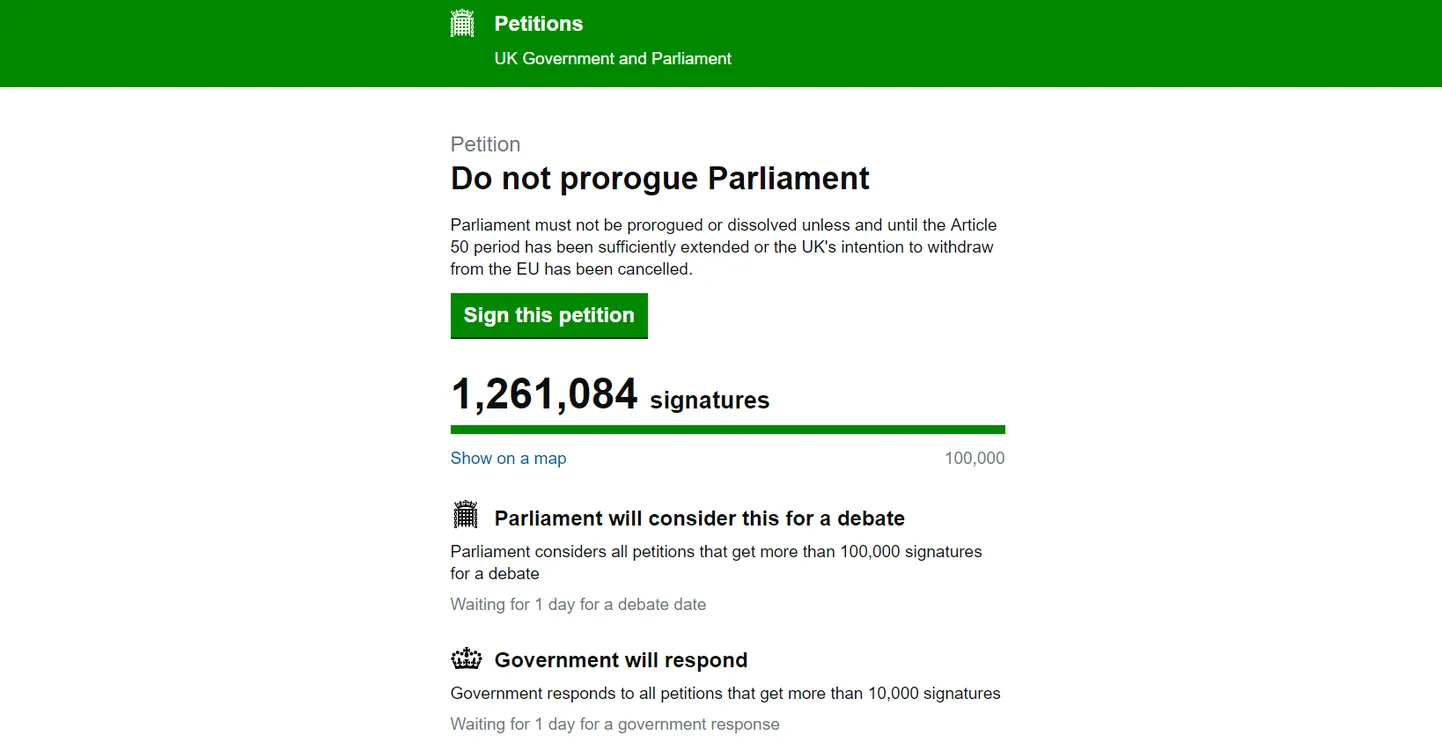 Internetipetitsioon Briti peaministri Boris Johnsoni otsuse vastu peatada parlamendi töö 14. oktoobrini.