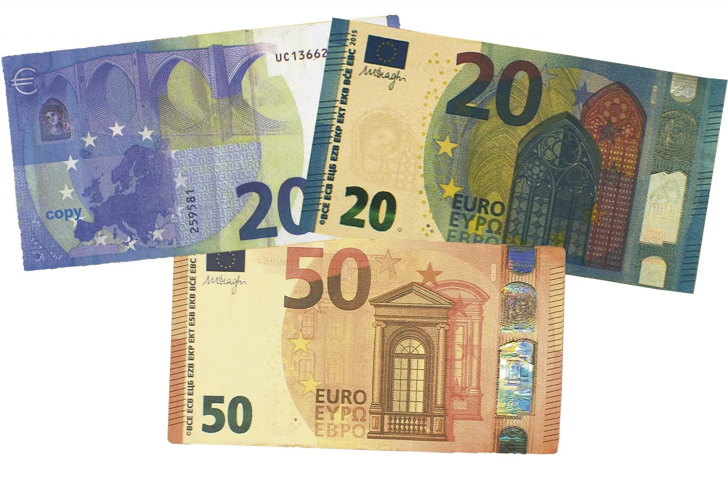 Need rahatähed ei ole õiged. Kui näiteks sel 20-eurosel viitab võltsingule ingliskeelne tekst "koopia" ühel küljel, siis teinekord tuleb võltsingu tuvastamiseks raha põhjalikumalt uurida.