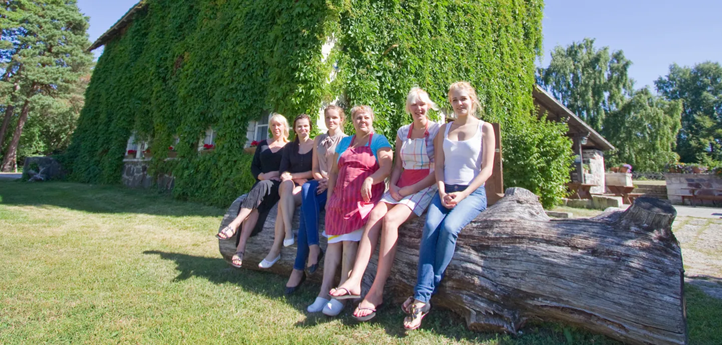 TÖÖKAS KOLLEKTIIV: Kaidi Grepp, Reena Kull, Hanna Mari Villsaar, Moonika Pillmann, Age Muul, Liisa Kanemägi rohelusse mattunud Sassimaja ees. Foto: Alar Truu