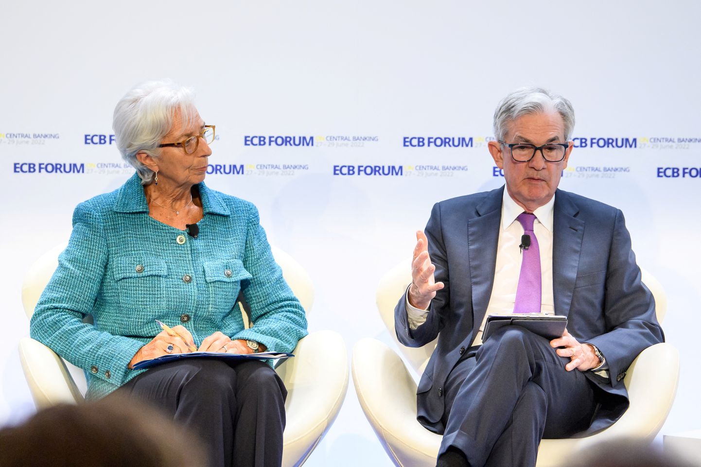 Euroopa Keskpanga president Christine Lagarde ja USA Föderaalreservi juht Jerome Powell kolmapäval toimunud foorumil.