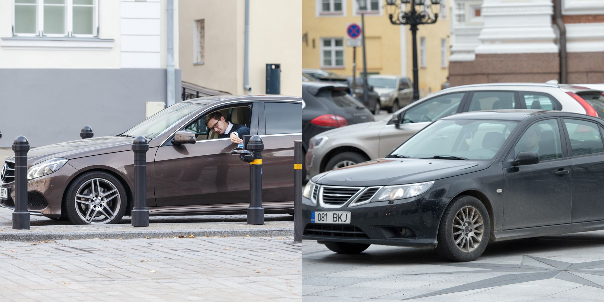Jaak Madisoni autod: Mercedes-Benz E-klass (vasakul), foto: Konstantin Sednev 2018. 2008. aasta Saab (paremal), foto: Tairo Lutter 2015.