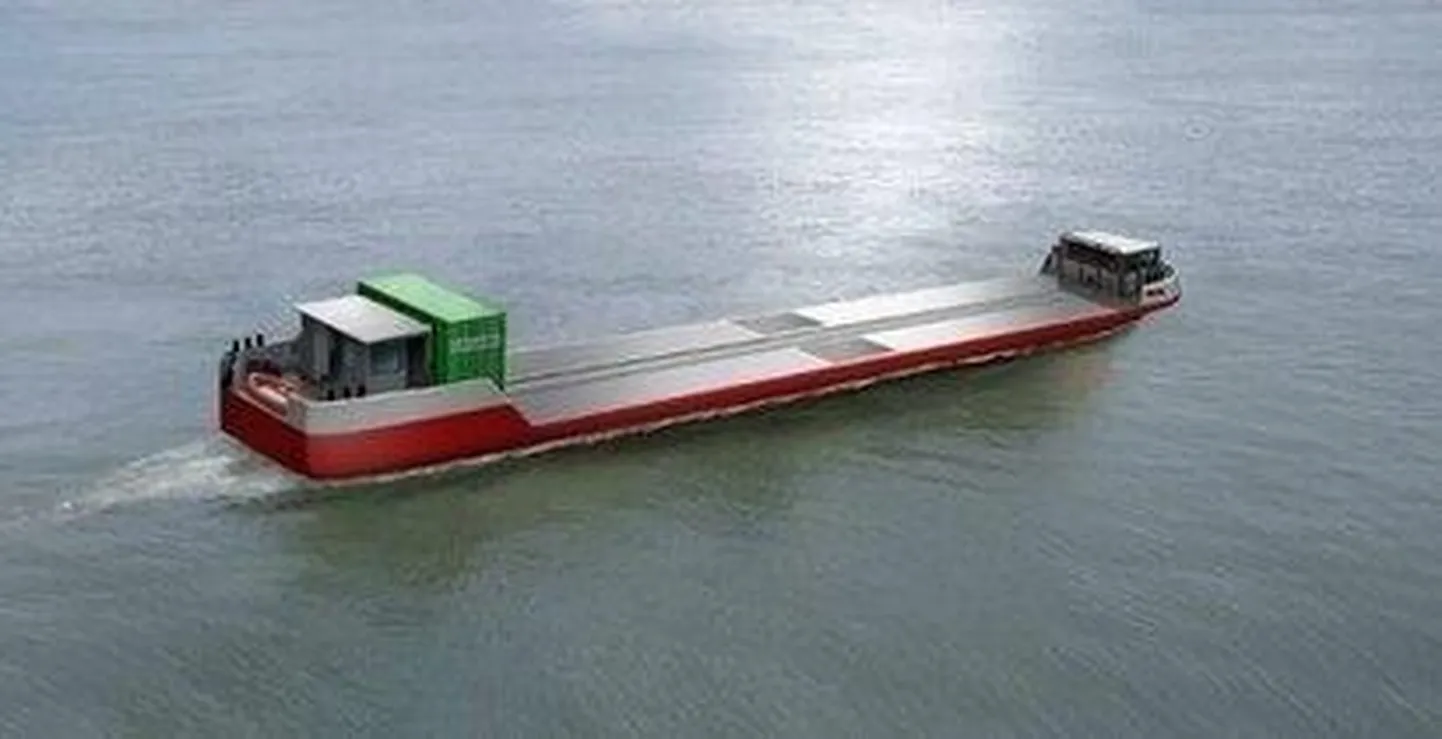 Compagnie Fluvial de Transporti jaoks ehitatava vesinikukütuselt laeva arvutikujutis. Euroopa liidu Flagship-projeti raames on plaanis rajada mitmeid siseveekogude vesiniklaevade lahendusi. Pildil olev veeskatakse veel jooksval aastal.