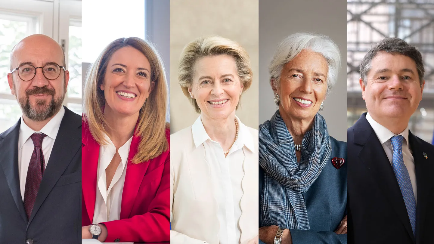 Euroopa Ülemkogu eesistuja Charles Michel ( vasakult),  Euroopa Parlamendi president Roberta Metsola, Euroopa Komisjoni president Ursula von der Leyen, Euroopa Keskpanga president  Christine Lagarde ja eurorühma esimees Paschal Donohoe.