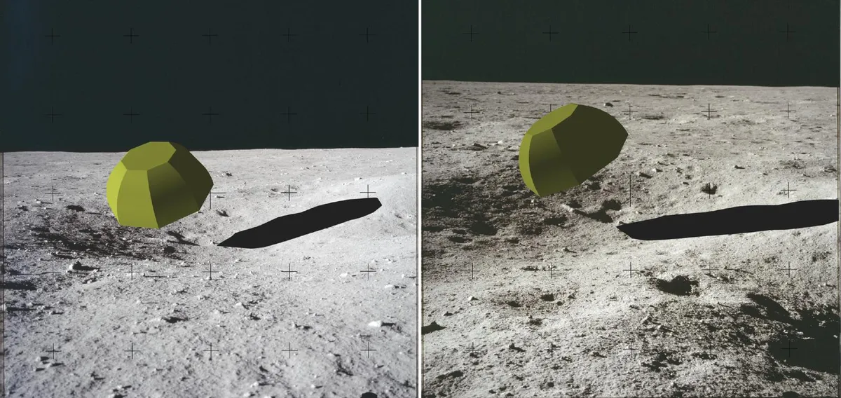 Fikseeritud asendiga virtuaalne 3D-keha (aluse raadius 3 m) on lisatud Apollo 11 fotodele AS11-40-5852 ja AS11-40-5889 liitreaalsuse objektina. Vari on loodud, arvestades kohalikku pinnamoodi ja pildistamise hetke Päikese asendit, ning kehade valgustatus on modelleeritud Päikese asendi ja Kuu pinnalt hajunud valguse järgi.