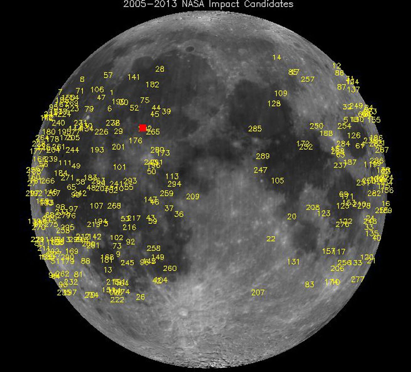 NASA automaatteleskoop jäädvustas Kuul heleda plahvatuse. Numbritega on märgitud varasemate kokkupõrgete paigad, viimane kokkupõrge on tähistatud punase tärniga