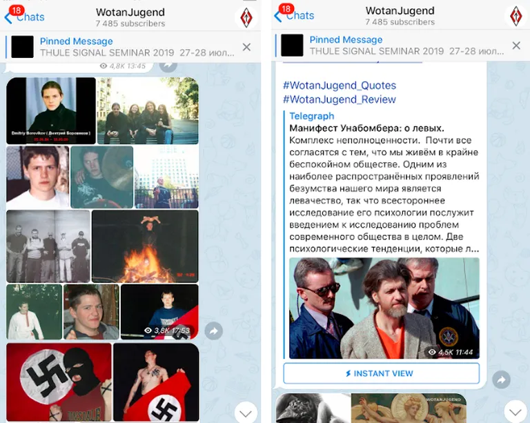 Cправа : Wotanjugend прославляет российского белого террориста Дмитрий Боровикова, который участвовал в убийствах мигрантов, включая таджикского ребенка, а также активистов антифа.
Слева : Wotanjugend публикует манифест Унабомбера, еще одного белого террориста из США.