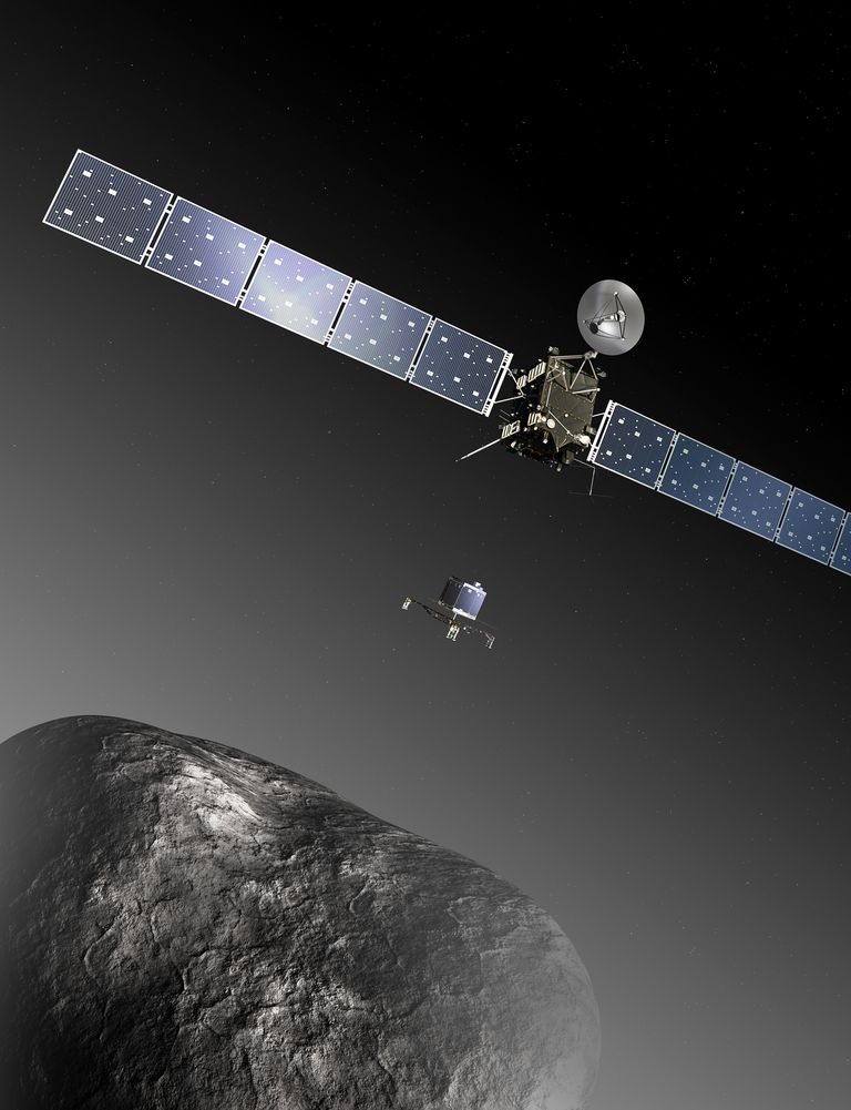 ESA kunstniku joonistus komeet 67P/Tšurjumov-Gerassimenkost, sond Rosettast ja maandur Philaest
