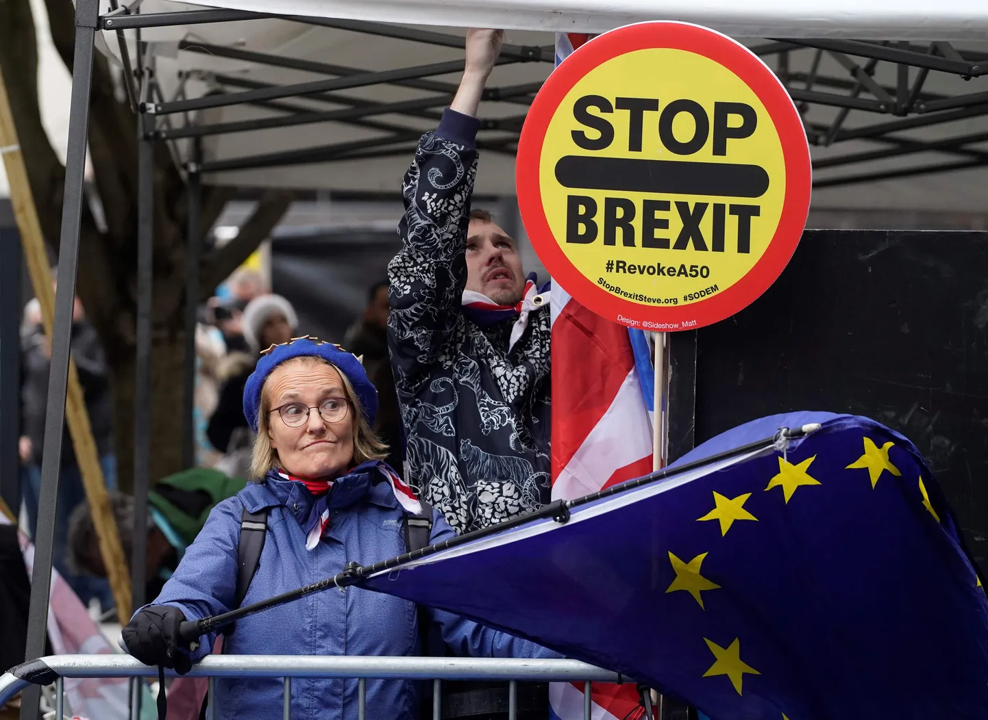 Демонстранты против Brexit протестуют перед зданием парламента в Лондоне 14 октября 2019 года после государственного открытия парламента.