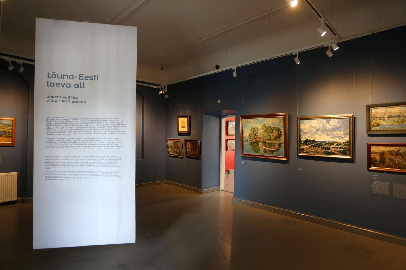 Värniku pere kunstikogu näitusel Tartu linnamuuseumis ripub laest selgitavaid tekste.