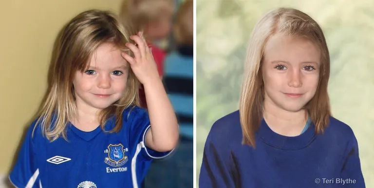 Madeine McCann kolmeaastasena ja töödeldud fotol vanemana (paremal)