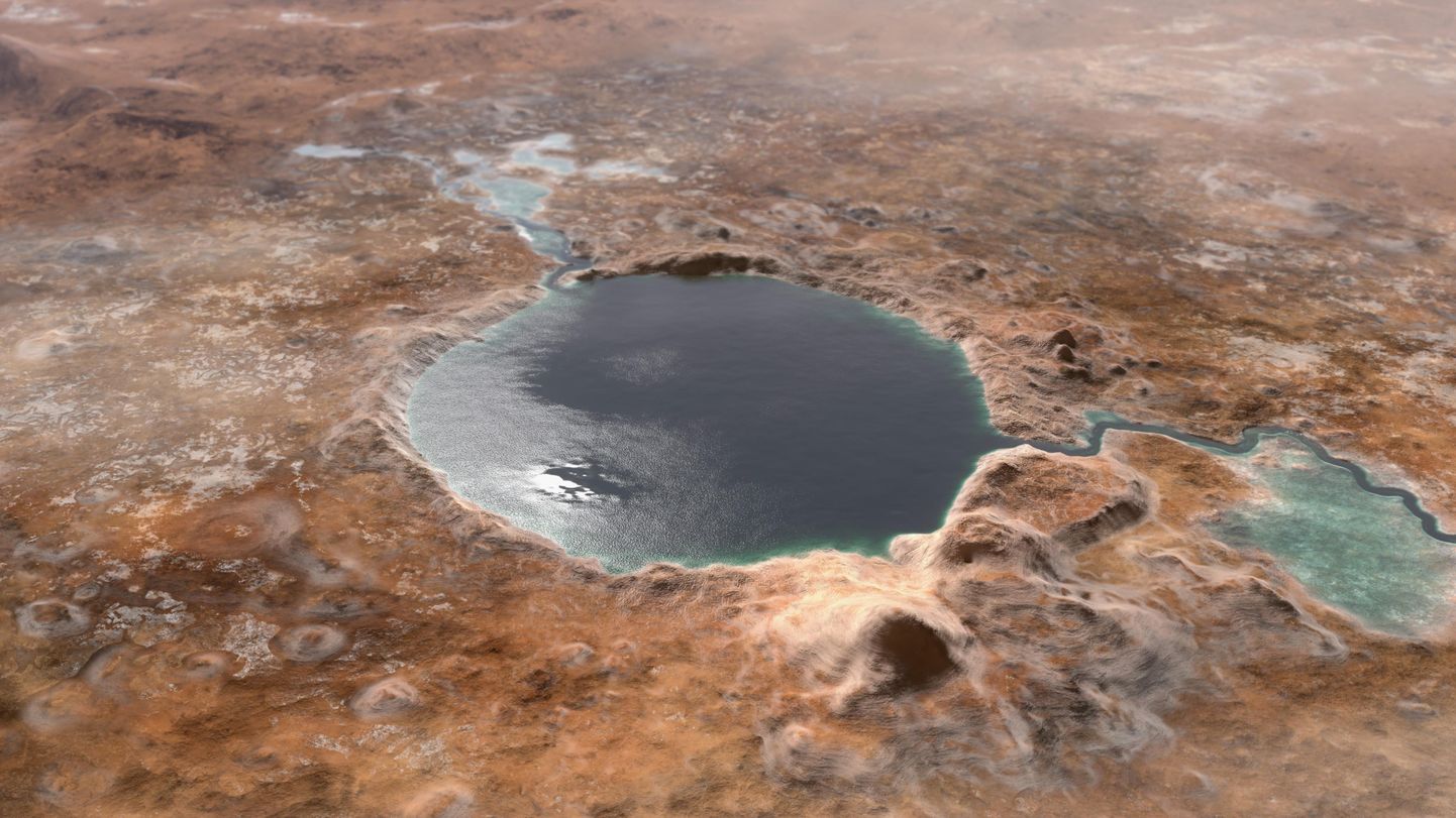 NASA kunstniku arvutijoonistus Marsi Jezero kraatrist, mis miljardeid aastaid tagasi oli järv
