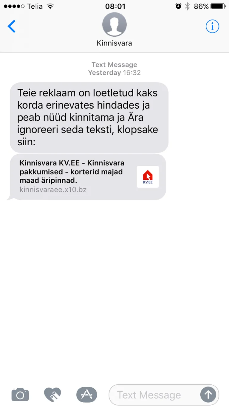 Libasõnum, milles sisalduv link viib võltsitud veebilehele. Foto: