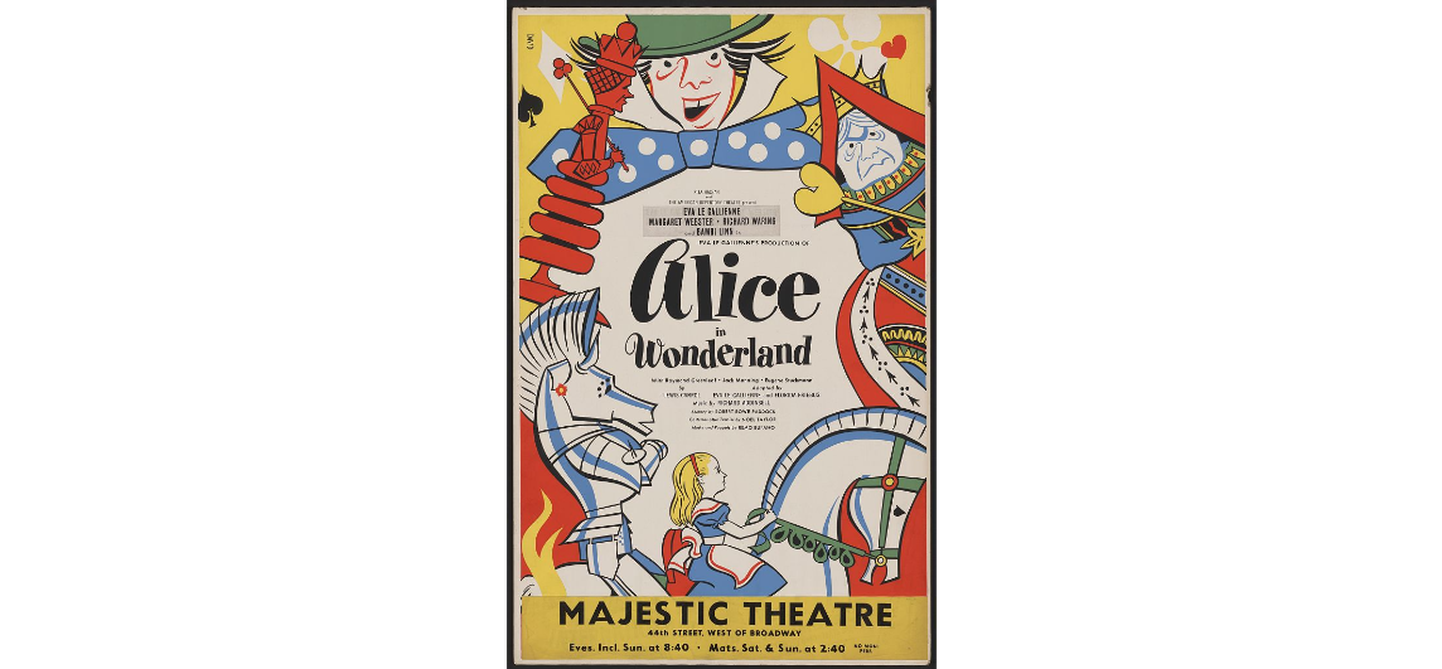 Reklāmas plakāts Brodvejas izrādei “Alises piedzīvojumi Brīnumzemē”. ASV, 1940.-1950. gads