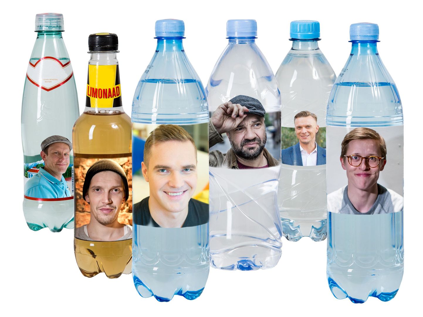 Tublid mehed eelistavad mittejoovastavad jooke. Vasakult karastusjookide pudeleil Jan Uuspõld, Henrik Kalmet, Ott Lepland, Mihkel Raud, Tanel Padar ja Tõnis Niinemets.