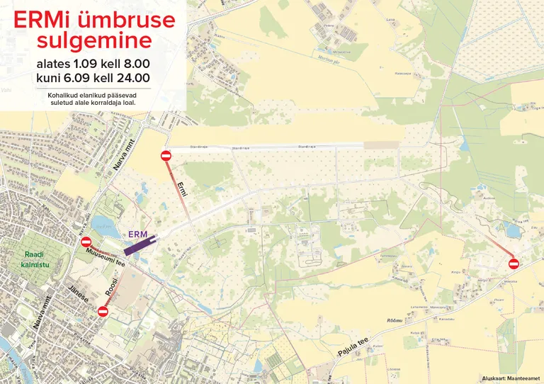 Eesti Rahva Muuseumi ümbruse sulgemise skeem 1.09–6.09.