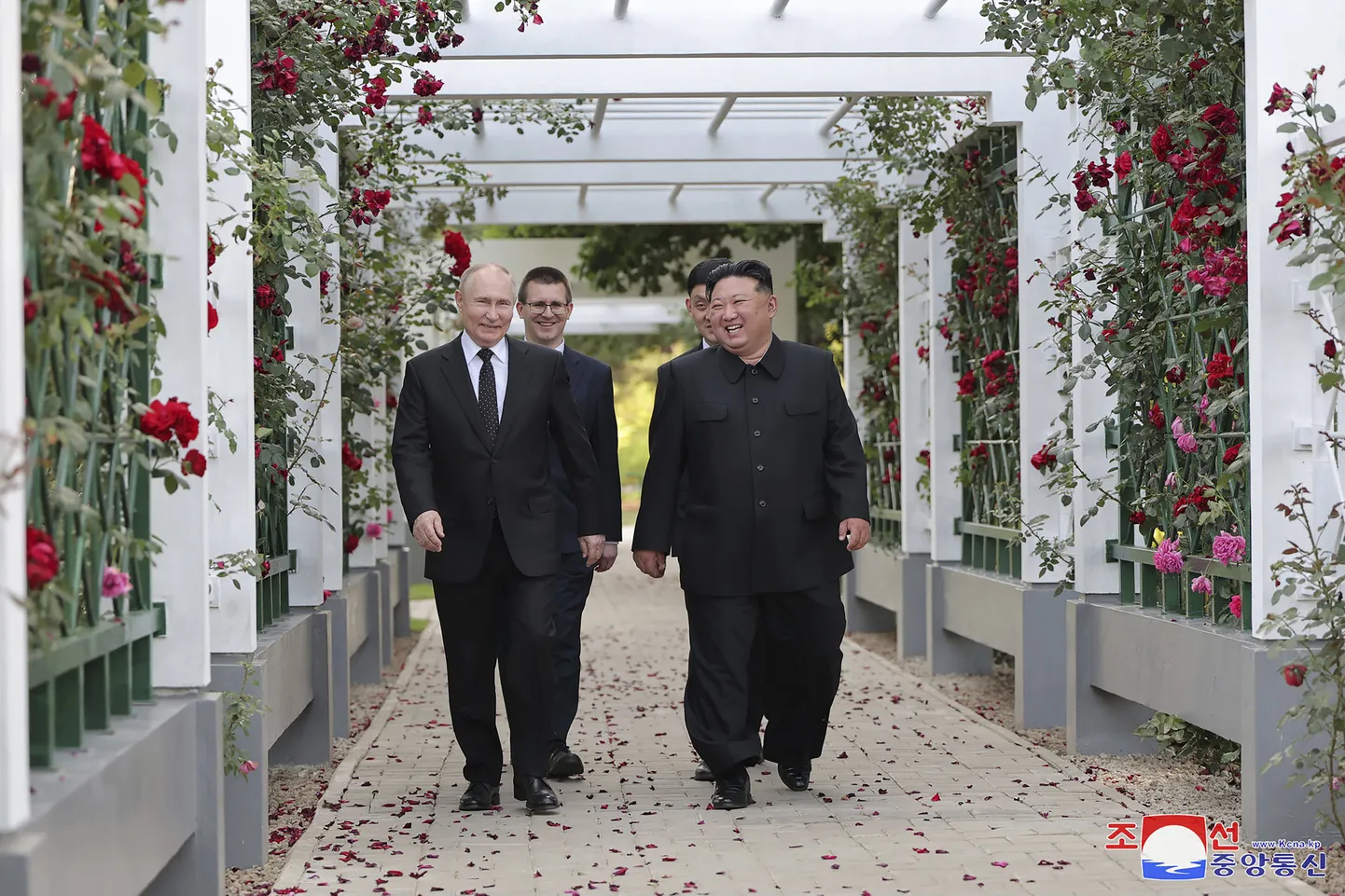 Venemaa autoritaarne president Vladimir Putin ja Põhja-Korea diktaator Kim Jong-un jalutasid eelmisel nädalal Pyongyangis Kumsusani riikliku külalistemaja aias.