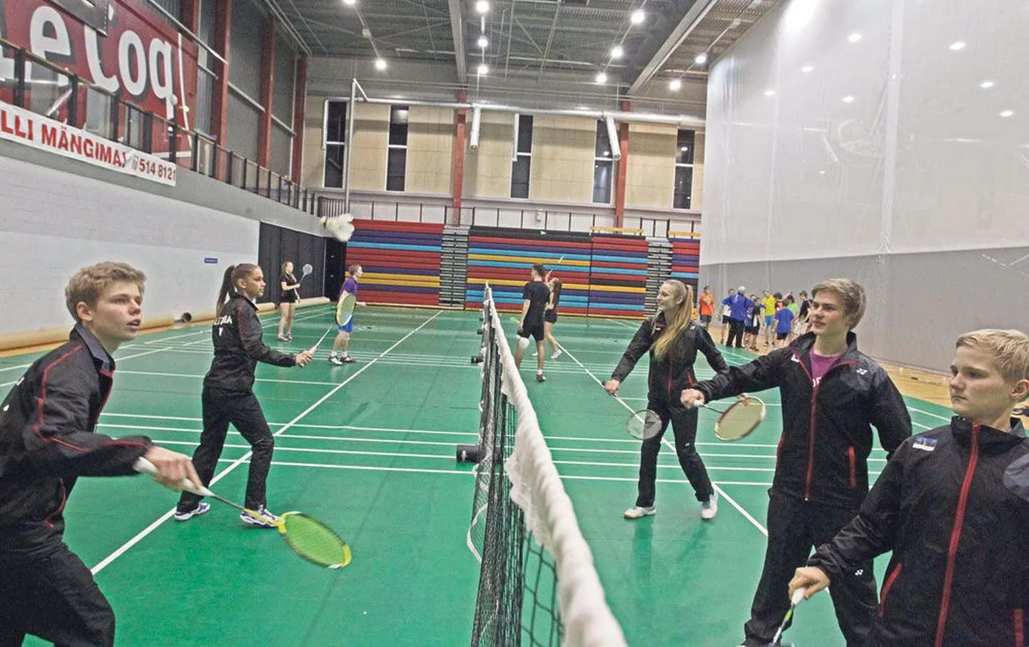 Teisipäeval said sulgpallurid Marcus Lõo (vasakult), Liisa Tannik, Hannaliina Piho, Mattis Kaart ja Karl Kertveel koduses A.Le Coqi spordimajas harjutada ja noorematele kolleegidele head eeskuju näidata.