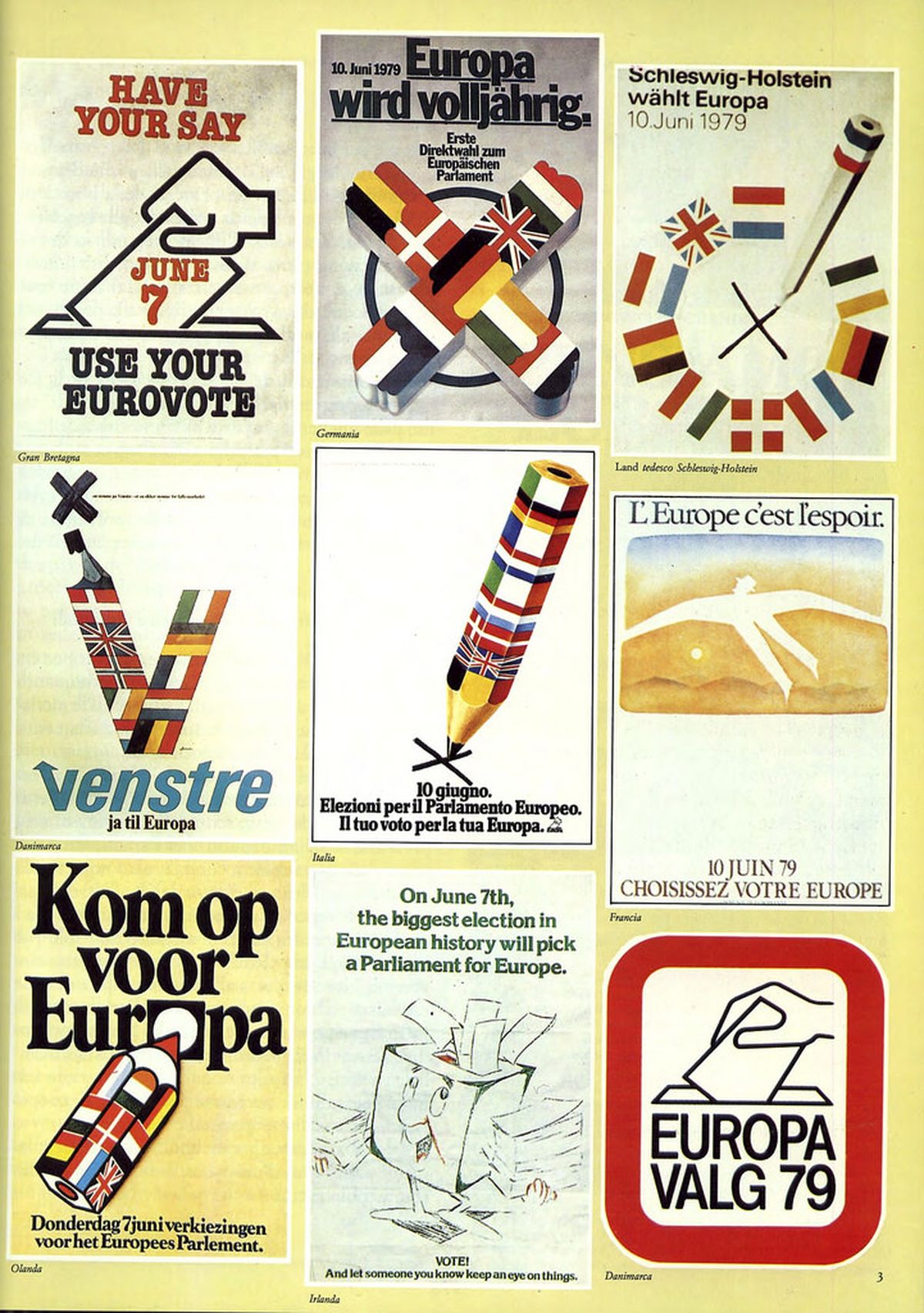 Рекламные объявления, призывающие к выборам в Европарламент в различных странах Европейского экономического сообщества в 1979 году.