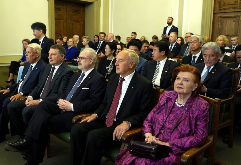 Former Presidents Vaira Vīķe-Freiberga, Andris Bērziņš, Egils Levits, Raimonds Vējonis and Valdis Zatlers attend an extraordinary session of the Saeima, where the new President of Latvia Edgars Rinkēvičs takes the oath of office.