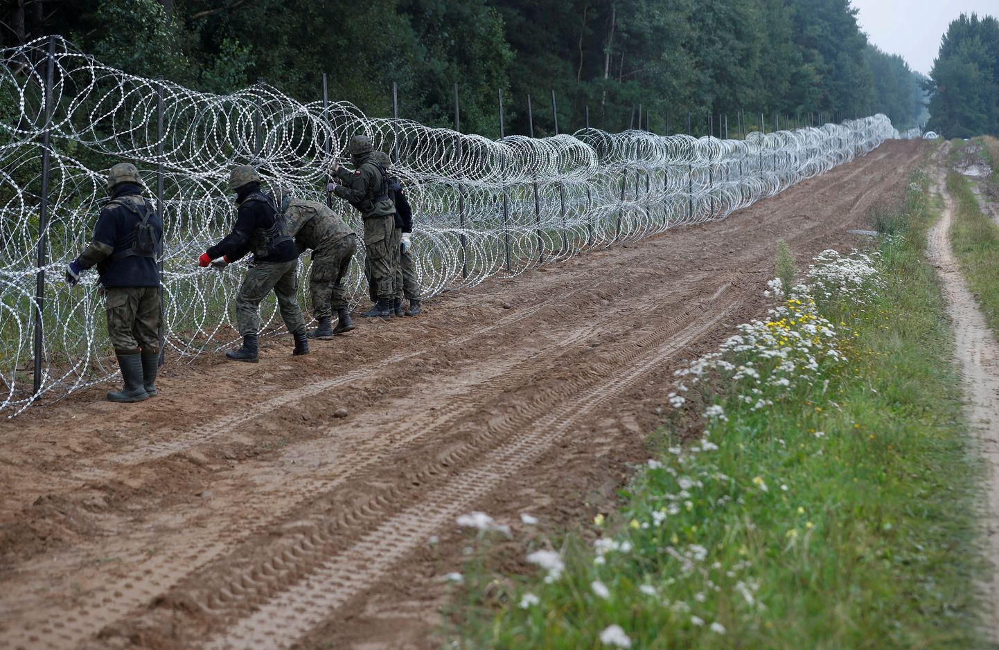 Poola sõdurid püstitavad okastraattõket Valgevene piiril.