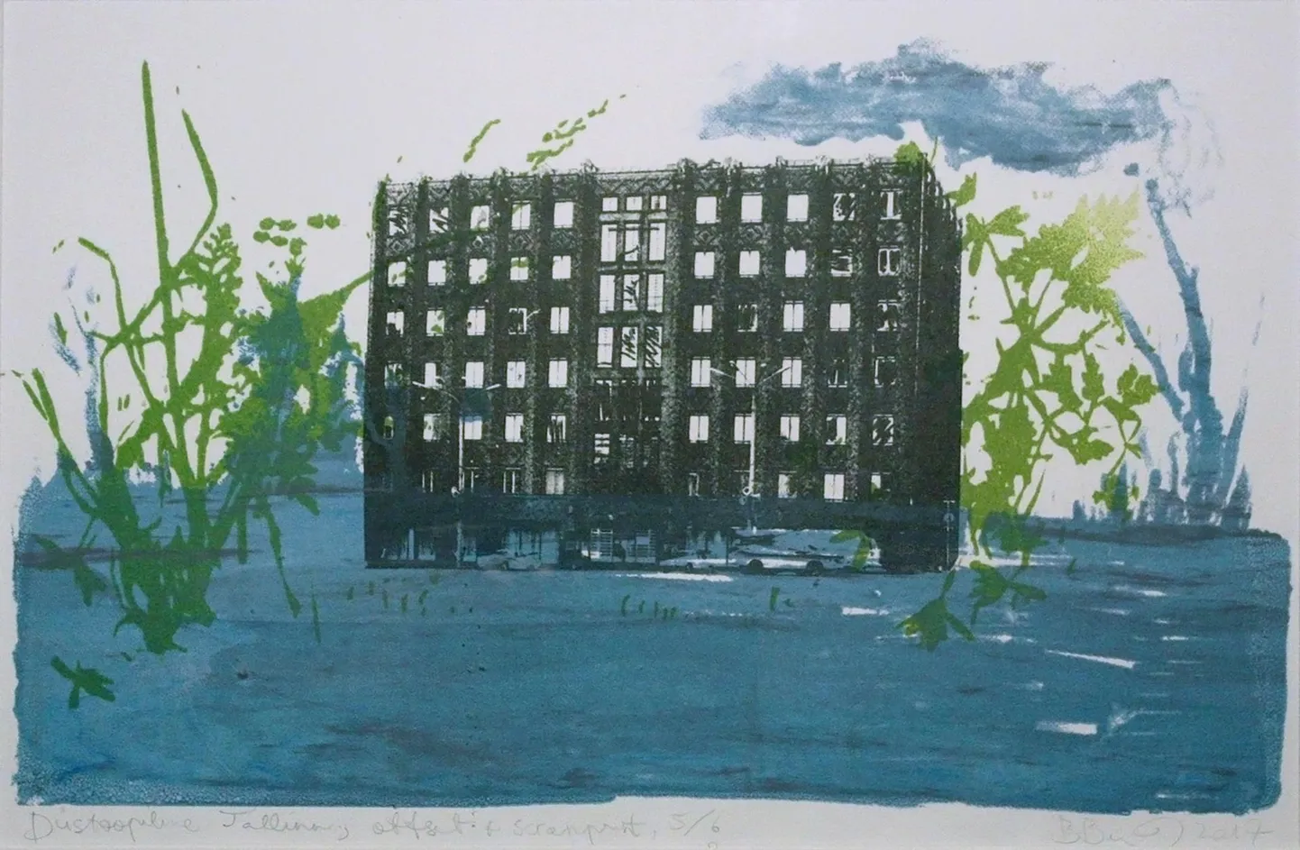 Britta Benno, «Düstoopiline Tallinna Linnavalitsuse hoone», ofsetlitograafia, serigraafia, 2017. FOTO: Repro