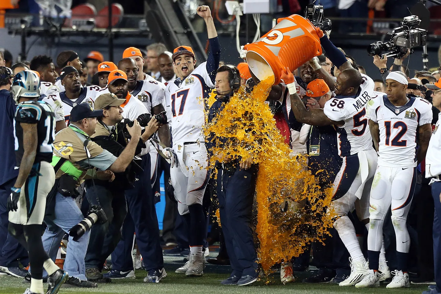 Feb 7, 2016; Santa Clara, CA, USA; Denver Broncos head coach Gary Kubiak is dunked with Gatorade during the fourth quarter against the Carolina Panthers in Super Bowl 50 at Levi's Stadium. Mandatory Credit: Cary Edmondson-USA TODAY Sports