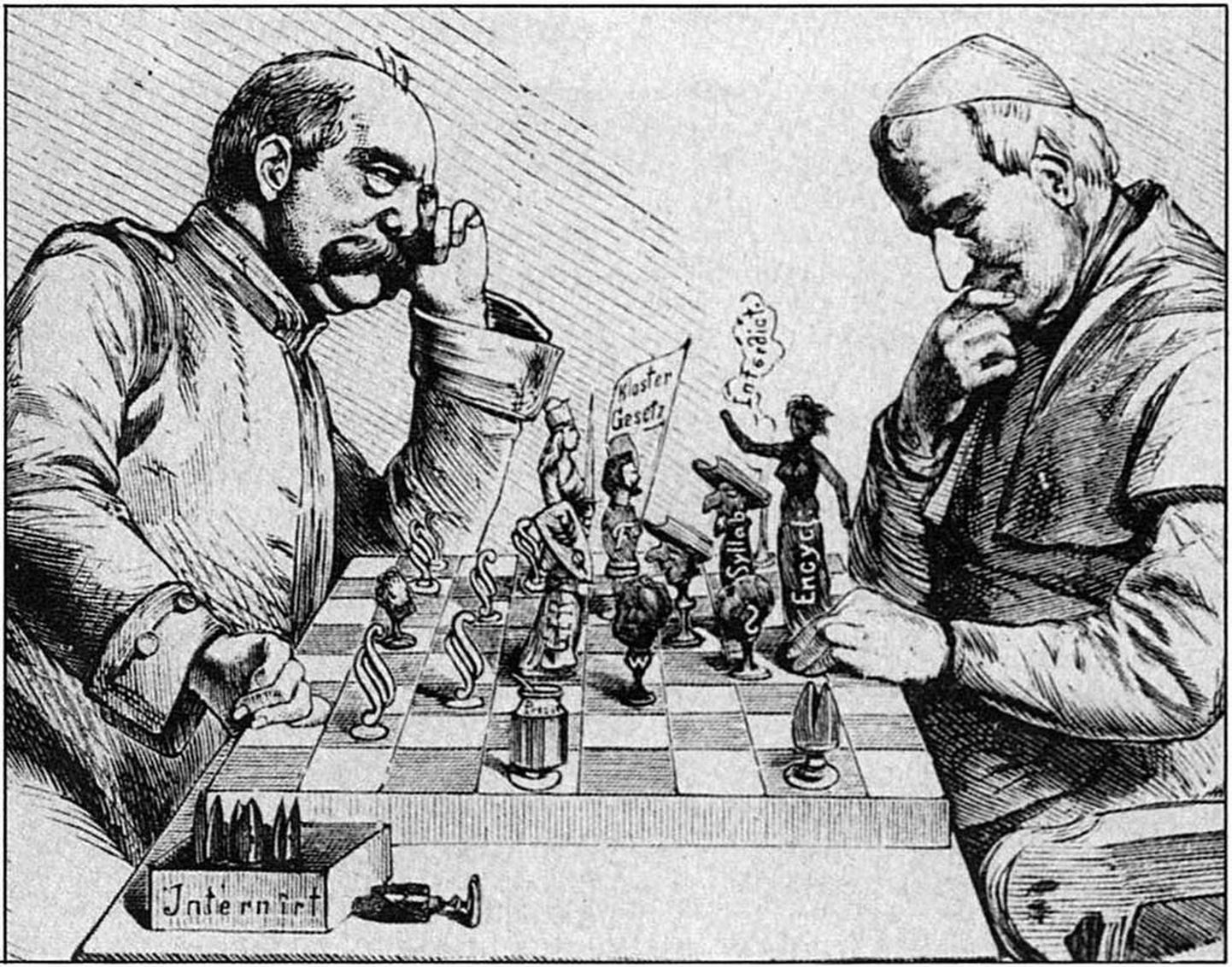 Karikatuur ajakirjast Kladderadatsch, 1875: Bismarck ja paavst Pius IX mängivad malet.