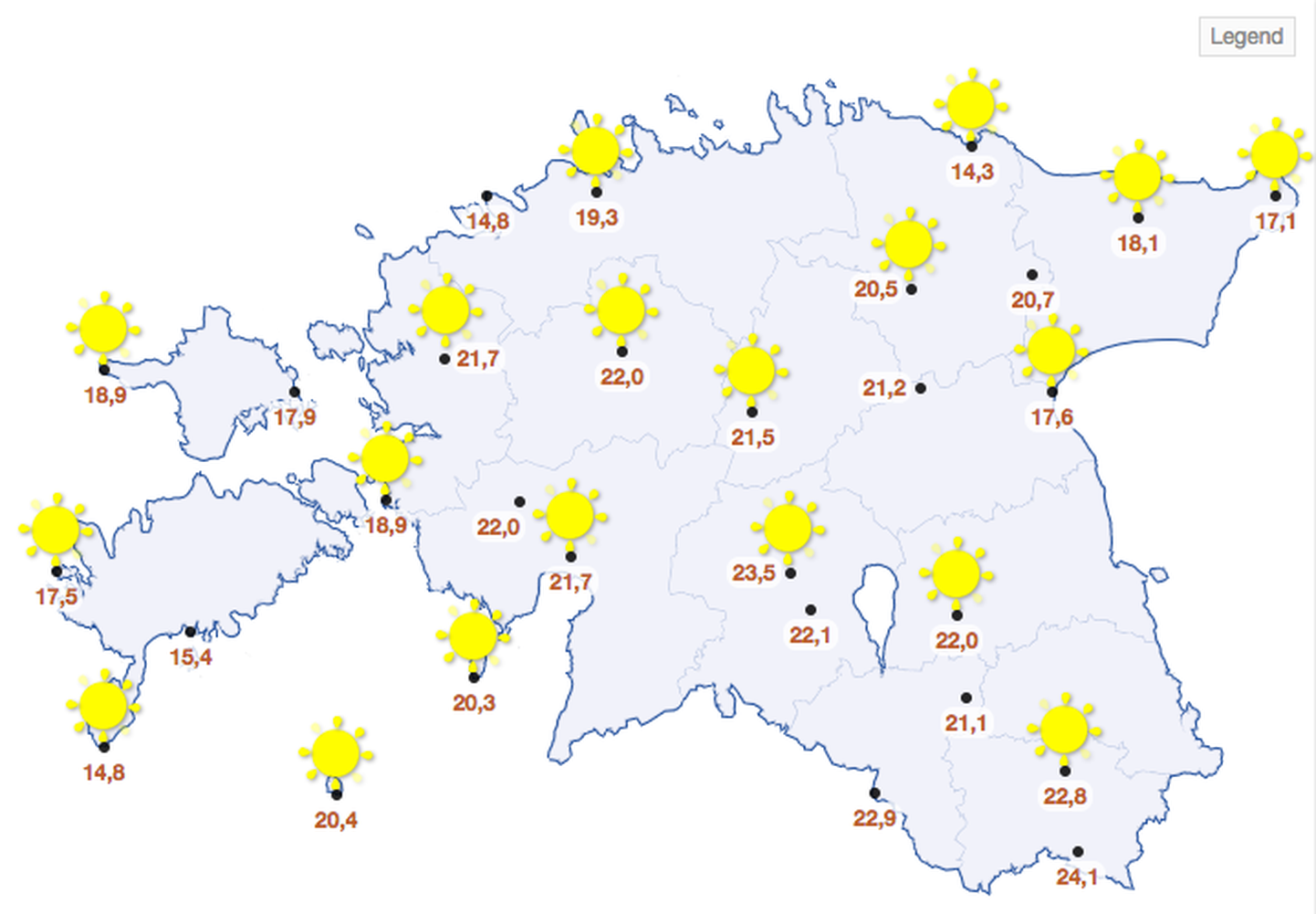Õhutemperatuurid Eestis 8. mail 2016. aastal.