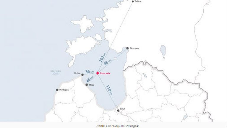Карта расстояний от острова Рухну до Латвии и Эстонии
