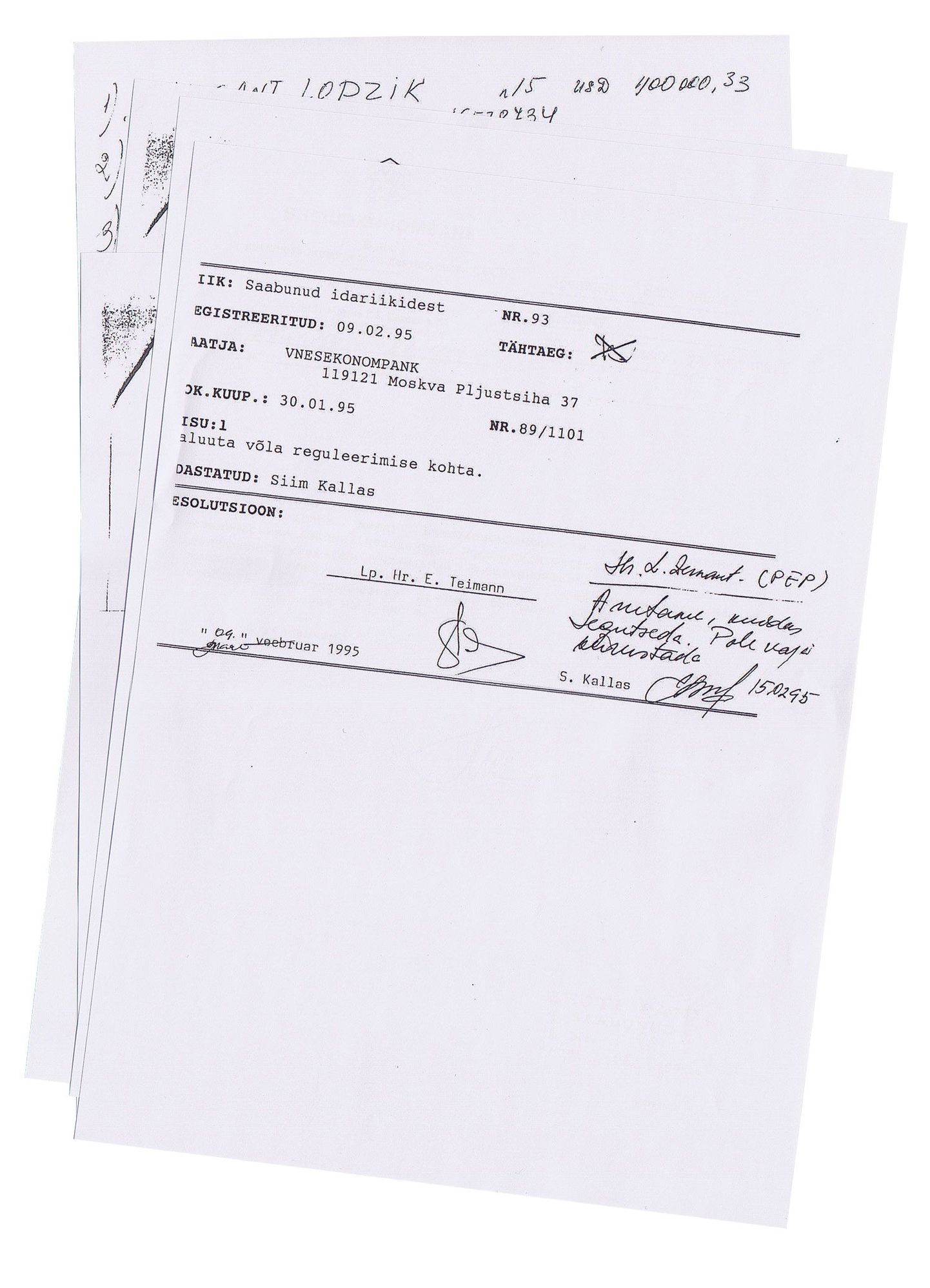Подпись Калласа есть на документах 1995 года.