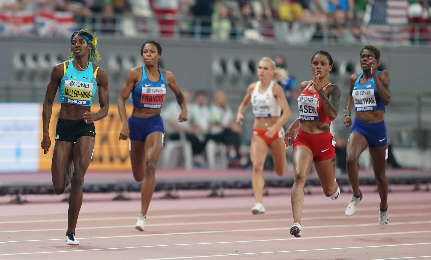 Naiste 400 meetri jooksu finaal Kataris Dohas toimuvatel kergejõustiku maailmameistrivõistlustel. Selle jooksu favoriidiks oli Bahama jooksja Shaunae Miller-Uibo, kuid jooksu võitis Bahreini Salwa Eid Naser. Miller-Uibo sai teise koha. Pilt on illustreeriv