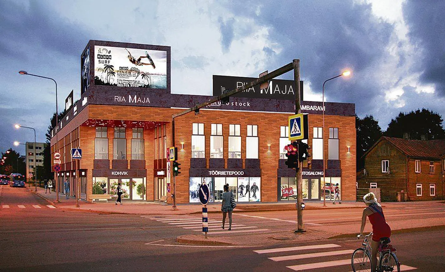 Tulevane Riia maja. Sõnad “Kohvik”, “Tööriiete pood” jne on illustreerivad.