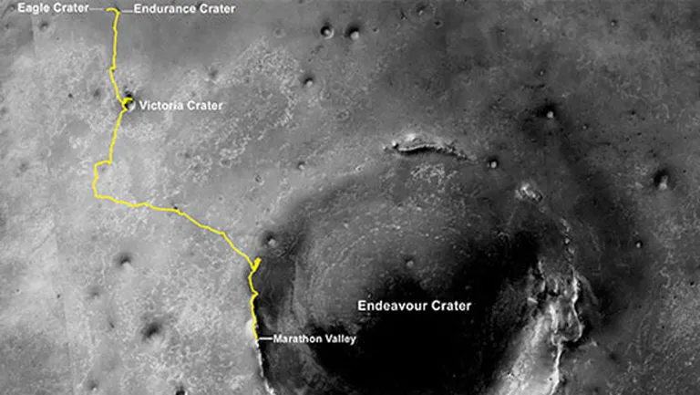 Маршрут ровера Opportunity от кратера Игл до обода кратера Индевор