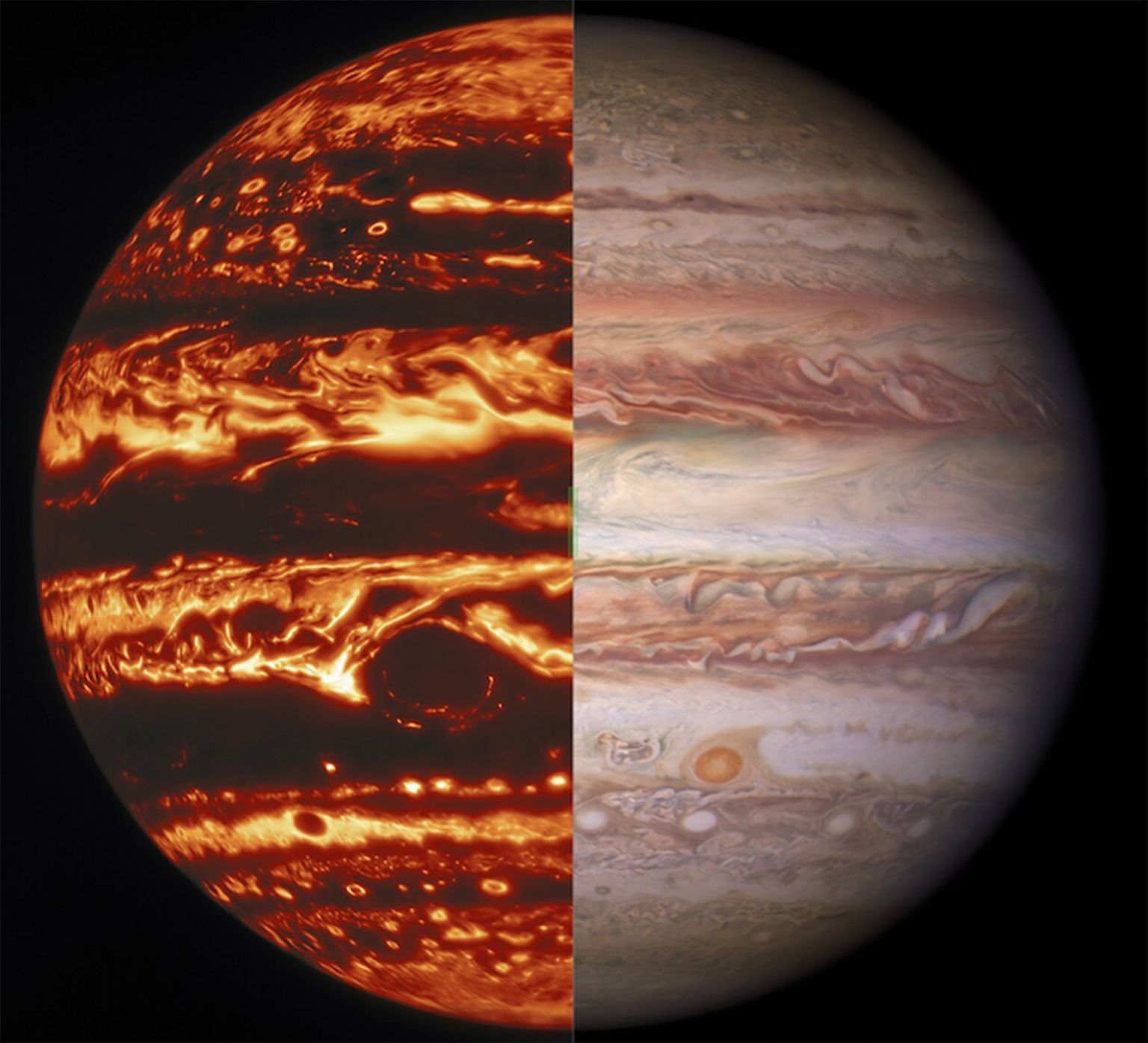 Jupiter Juno sondi mikrolaine radiomeetris vaadatuna (vasakul) ja nähtavas valguses vaadatuna