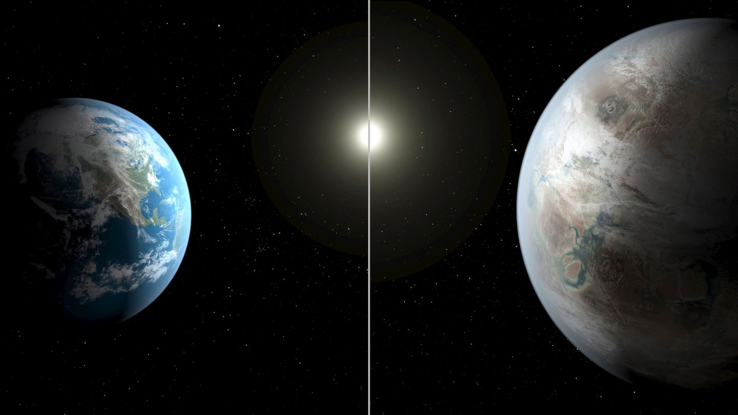 Kunstniku nägemus, mis võrdleb Maad planeediga Kepler-452b.