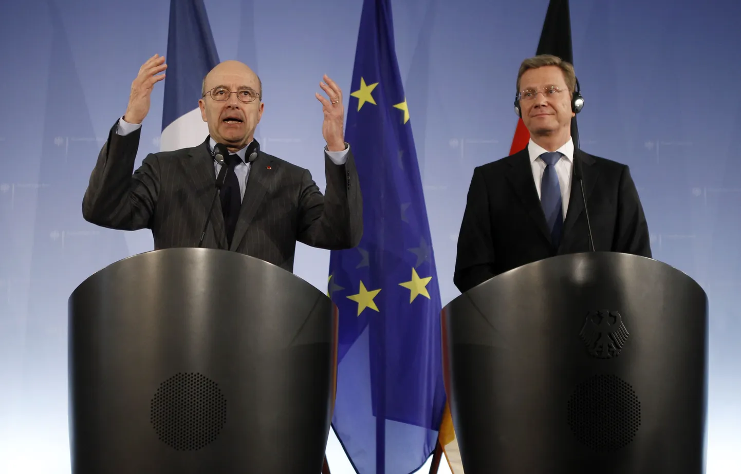 Prantsusmaa välisminister Alain Juppe (vasakul) ja Saksamaa välisminister Guido Westerwelle 14. aprillil Berliinis.