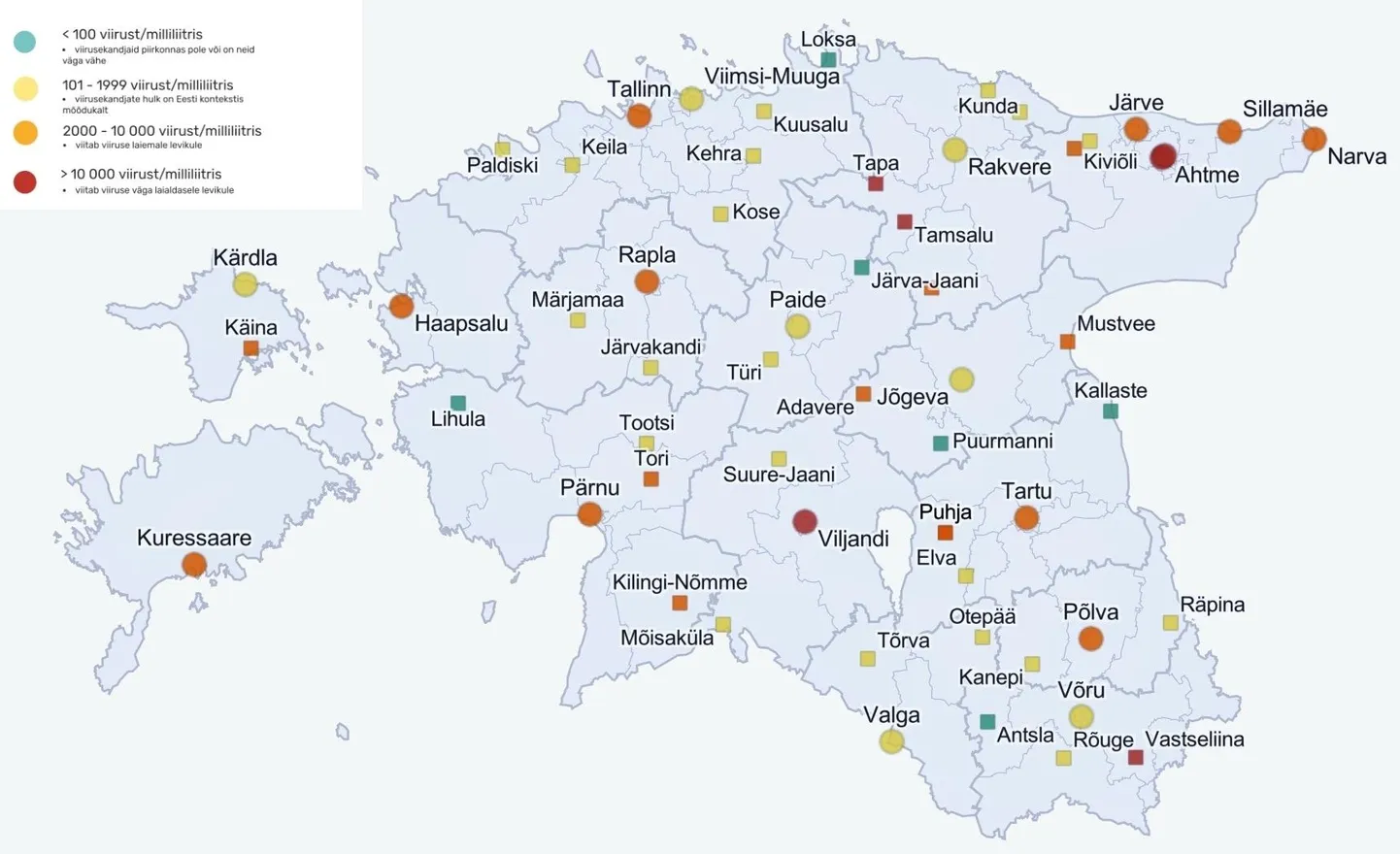 Viljandi reoveest möödunud nädalal võetud proovid näitavad punast tulemust ehk levik on suur. Suure-Jaani näit on kaardil kollane ehk levik on keskmine.
