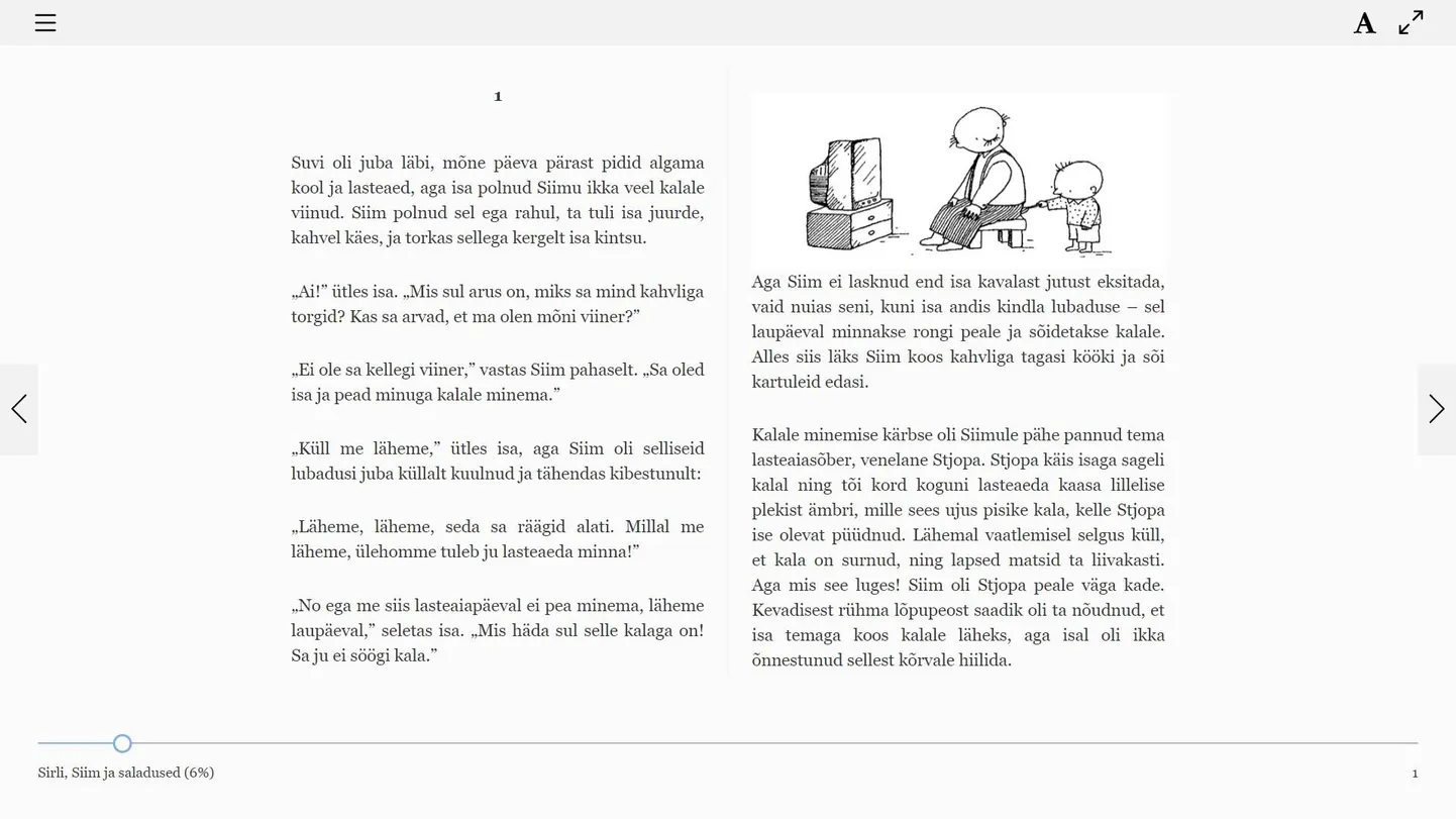 Selline näeb arvutiekraanil välja ELLU e-raamat. Kuvatõmmisel peatükk Andrus Kivirähki lasteraamatust «Sirli, Siim ja saladused».