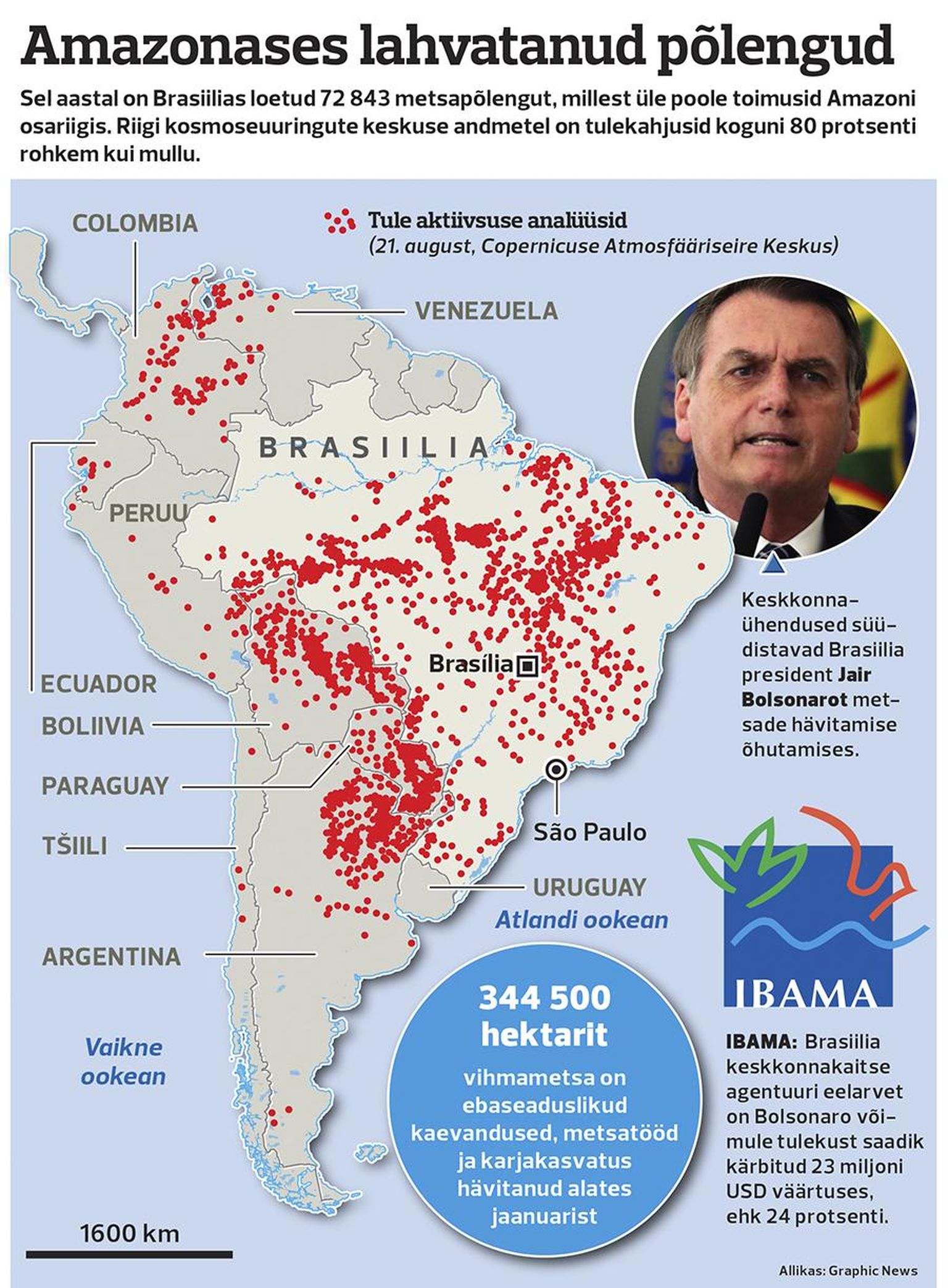 Tänavu on Brasiilias olnud üle 72 800 tulekahju, enam kui pool neist Amazoni piirkonnas. Seda on 80% enam kui mullu samal ajal.