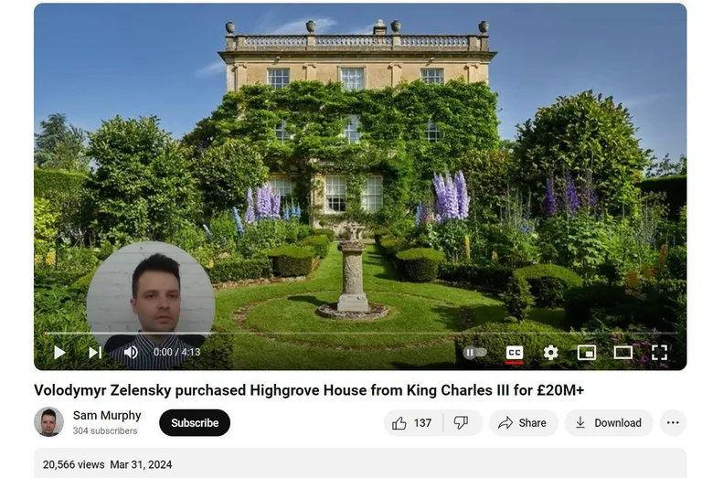 Видеоролик на YouTube, озвученный голосом, сгенерированным ИИ, стал источником фейка о том, что Зеленский якобы купил у короля Карла III особняк стоимостью 20 млн фунтов стерлингов