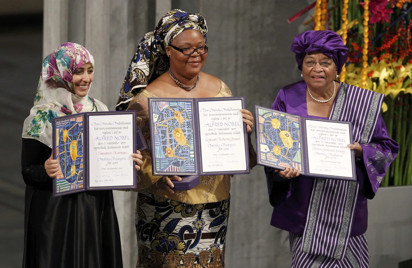 Nobeli rahupreemia saajad (vasakult) Tawakul Karmaan, Leymah Gbowee ja Ellen Johnson Sirleaf.