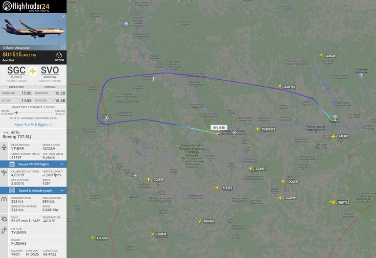 Eile võis veebilehel FlightRadar24.com näha, kuidas Surgutist Moskvasse teel olnud lennuk tegi veidi aega pärast reisi algust kummalise manöövri.