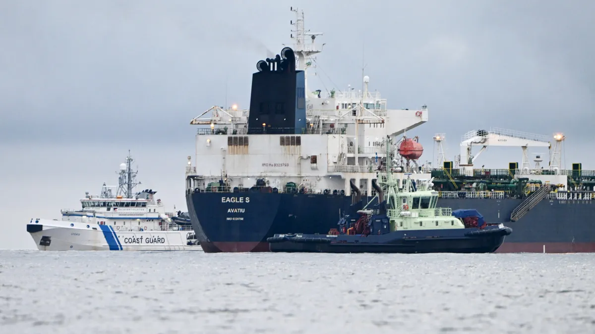 Finnish coast guard near Oil tanker Eagle S on the Gulf of Finland on December 28, 2024, after the tanker sabotaged Estlink 2 subsea eletric cable connecting Finland and Estonia.