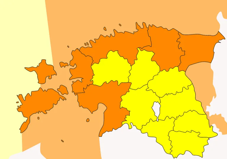 Hoiatused seisuga 15:10. Kollane - esimese taseme hoiatus (ilm võib olla ohtlik, arvesta sellega, kui sinu tegevus on ilmast mõjutatud); oranž - teise taseme hoiatus (ilm on ohtlik, esineb tavatuid ilmastikunähtusi) Allikas: