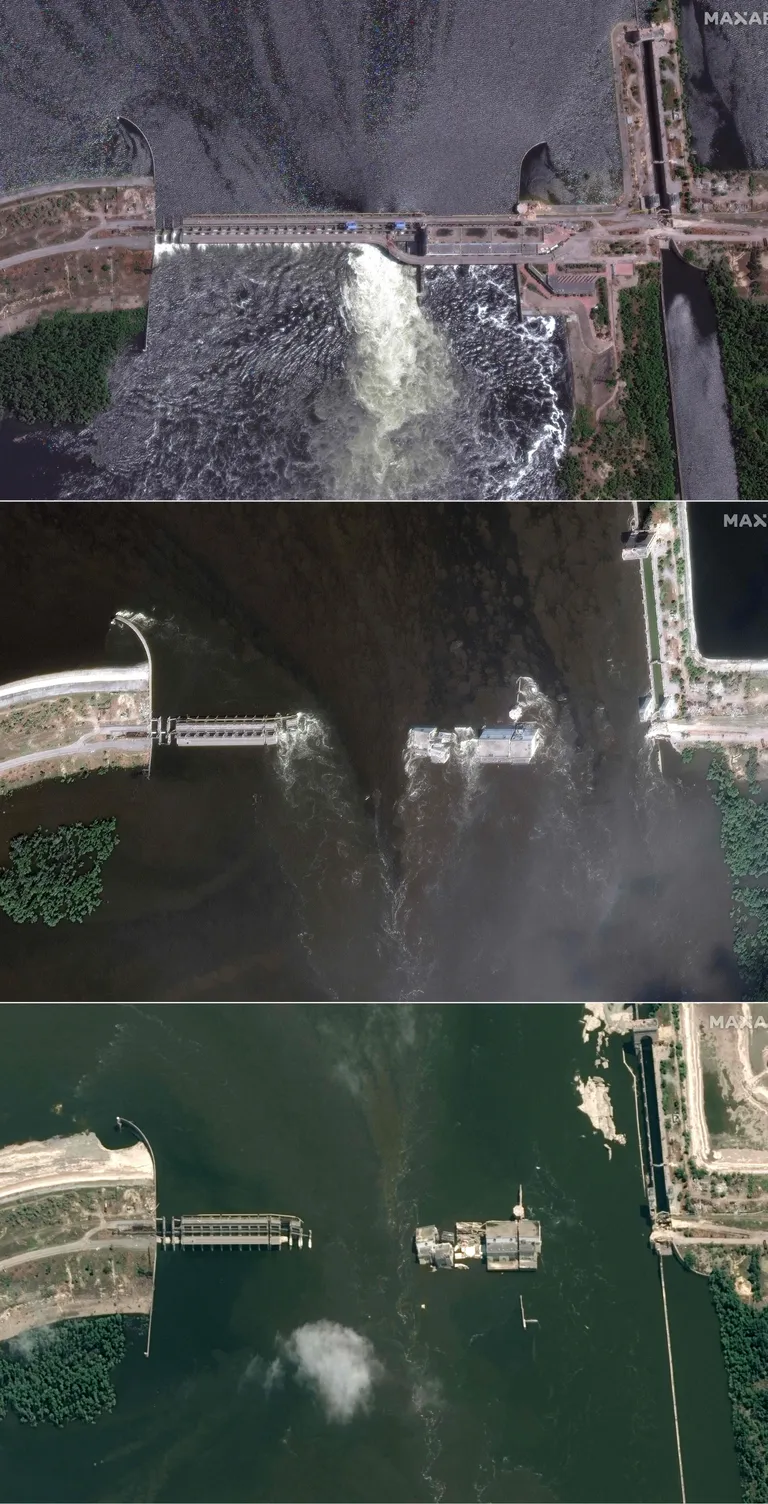Плотина Каховской ГЭС до взрыва - 28 мая (вверху), после взрыва - 7 июня (в центре) и 16 июня